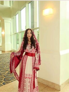 Embroidered Red and Cream Maxi Dress with Hooded Shawl